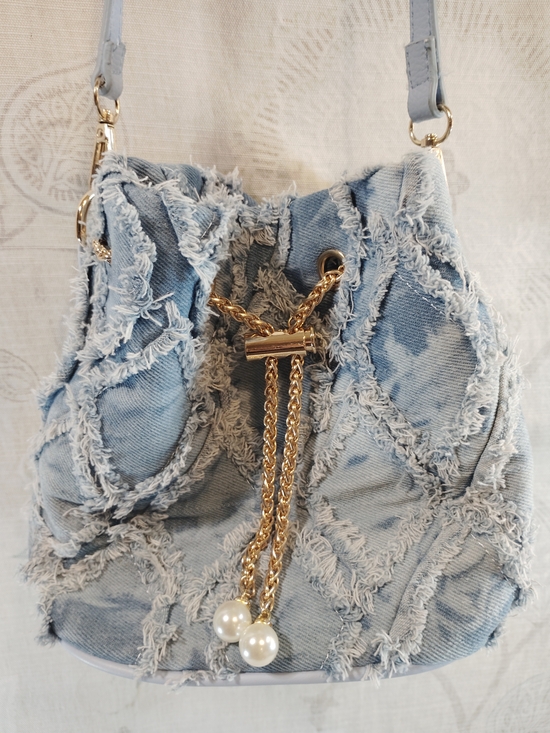 The Unbranded Brand Handbags - Light Blue Distressed Denim Crossbody Bucket Bag with Gold Chain &Pearl Charms